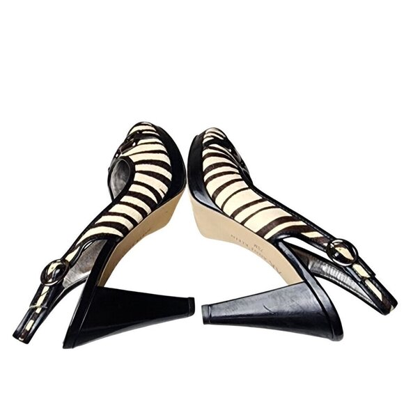 VTG Anne Klein Pony Hair Leather Zebra Print Slingback Peep Toe Heels Size 7.5 - Picture 7 of 15